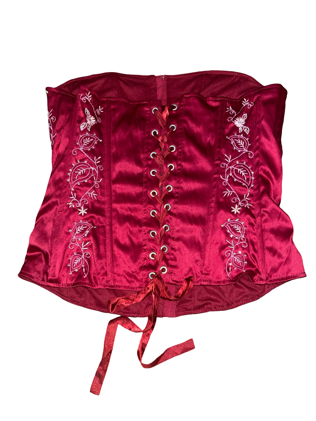 Y2K Rize Burgundy Satin Embroidered Lace-Up Corset Top UK 10