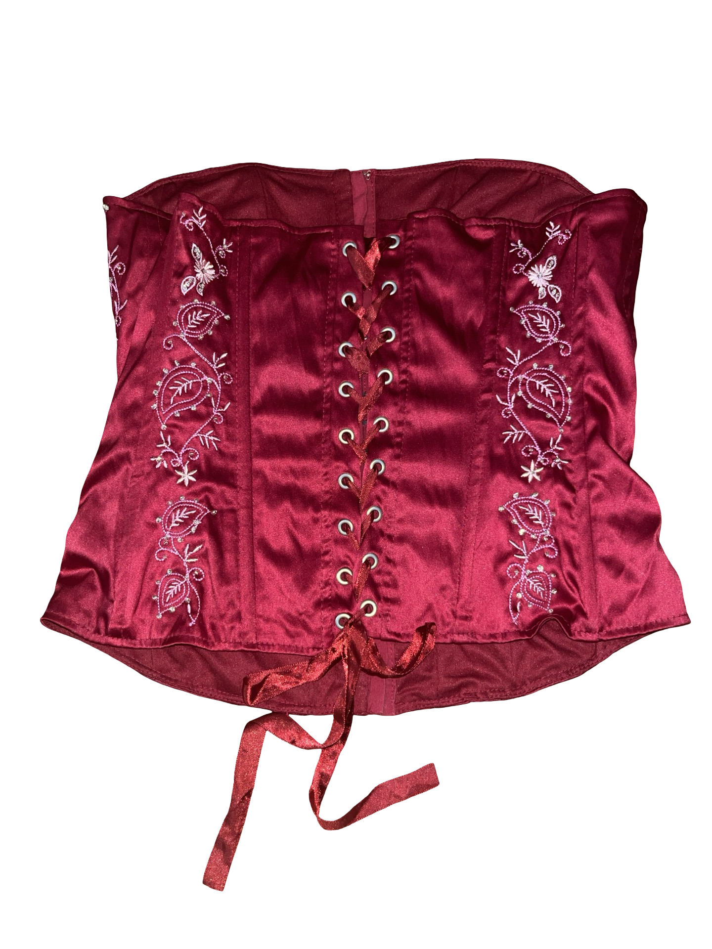 Y2K Rize Burgundy Satin Embroidered Lace-Up Corset Top UK 10