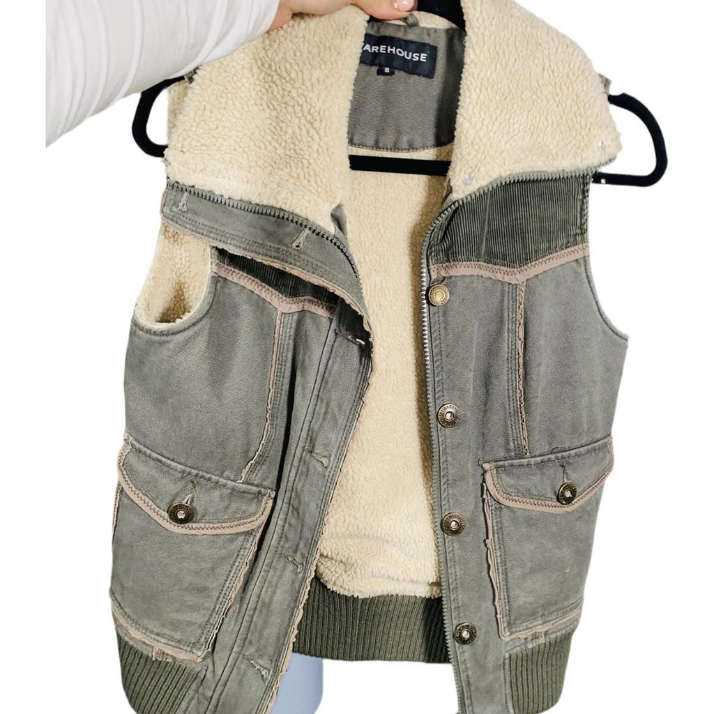 Green khaki and beige lined y2k Warehouse gilet uk10