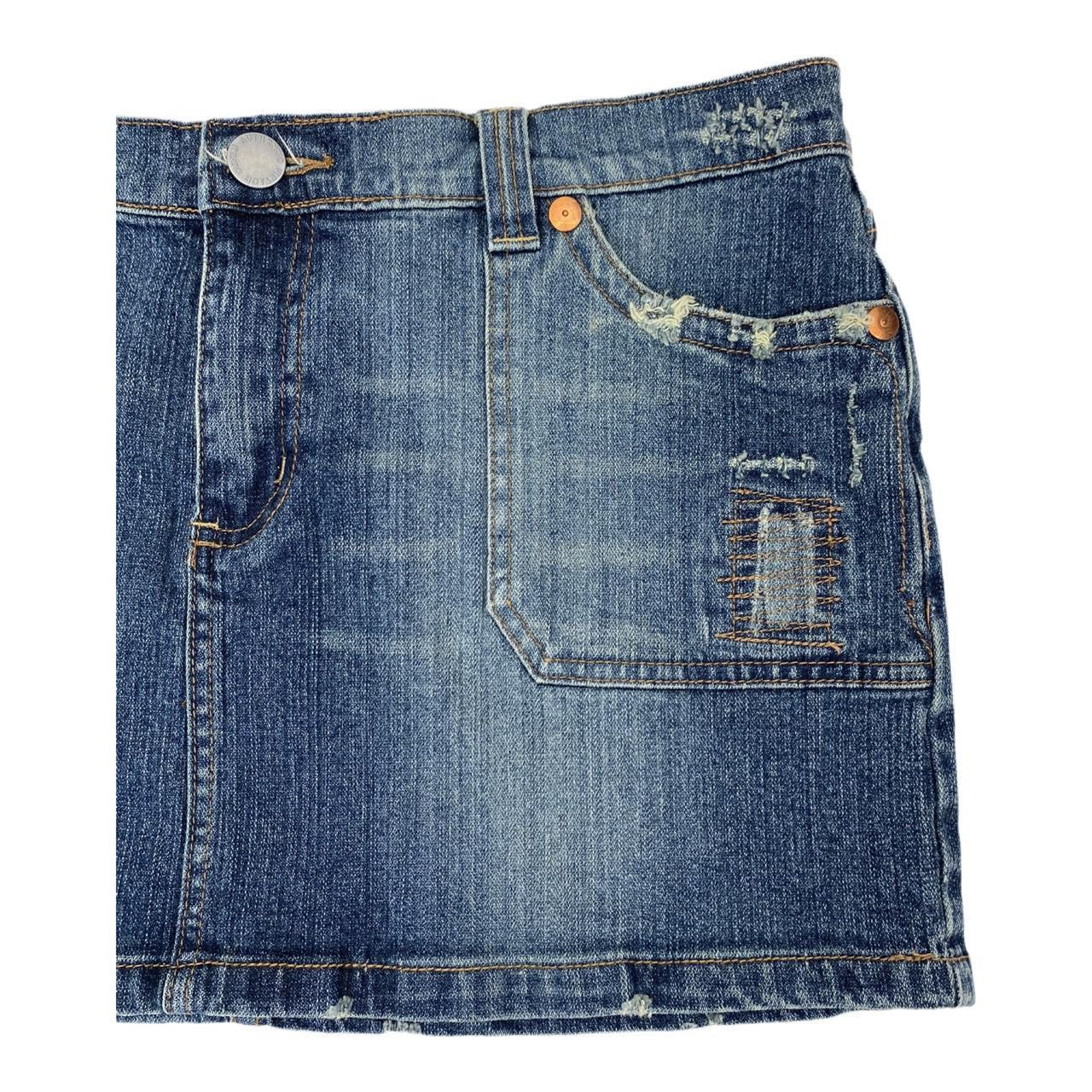 Blue y2k new look denim mini skirt with distressed patches uk14