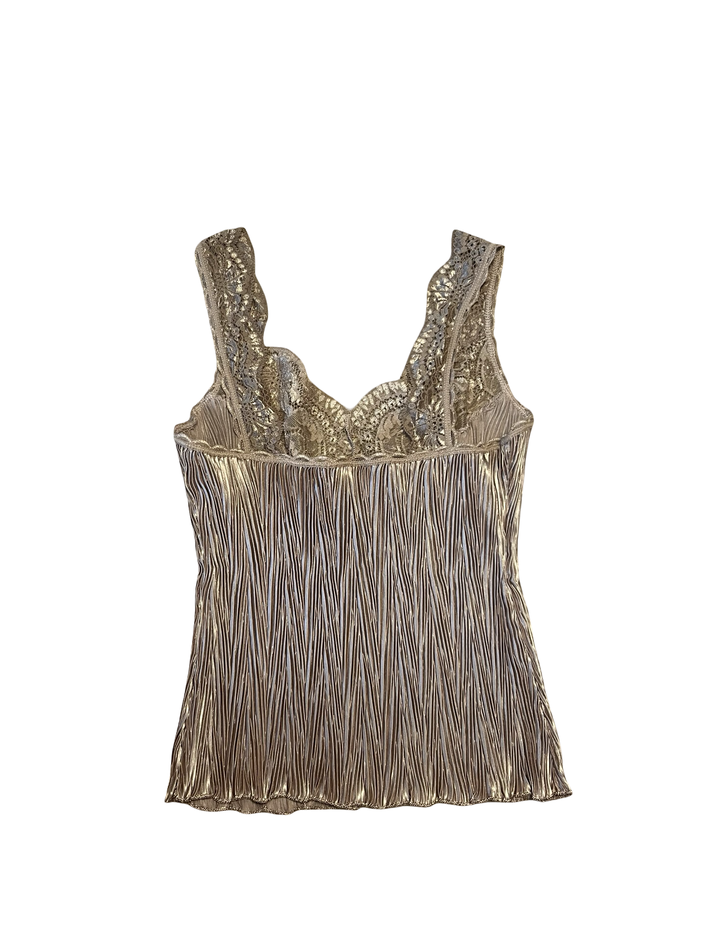 Y2K Gold Metallic Crinkle Lace Cami Top UK 10