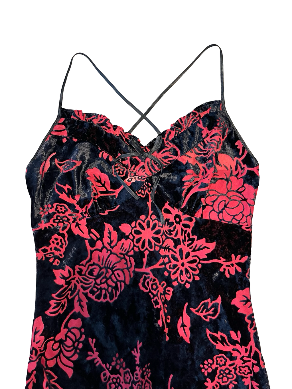 Y2K Sorbet Black Red Velvet Floral Slip Dress UK 10 | Goth Grunge