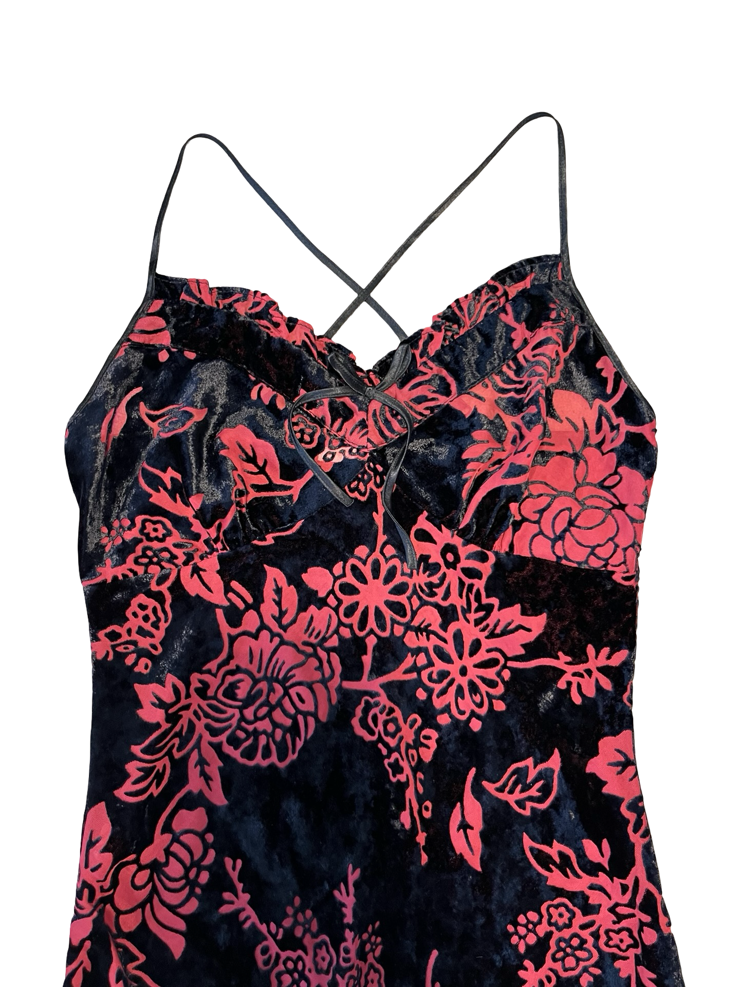 Y2K Sorbet Black Red Velvet Floral Slip Dress UK 10 | Goth Grunge