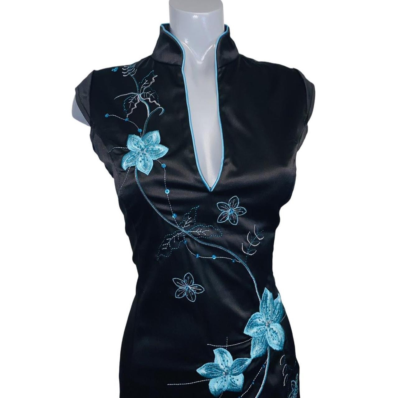 Jane Norman y2k black silk midi dress floral embroidery uk14