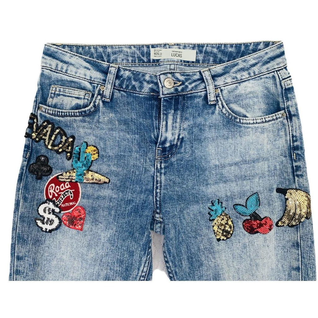 topshop Lucas blue denim jeans with sequin patches ukS