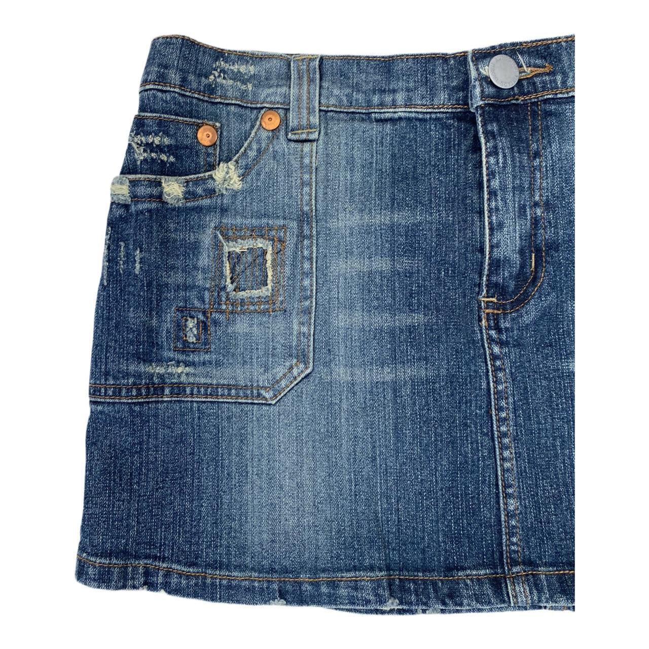 Blue y2k new look denim mini skirt with distressed patches uk14