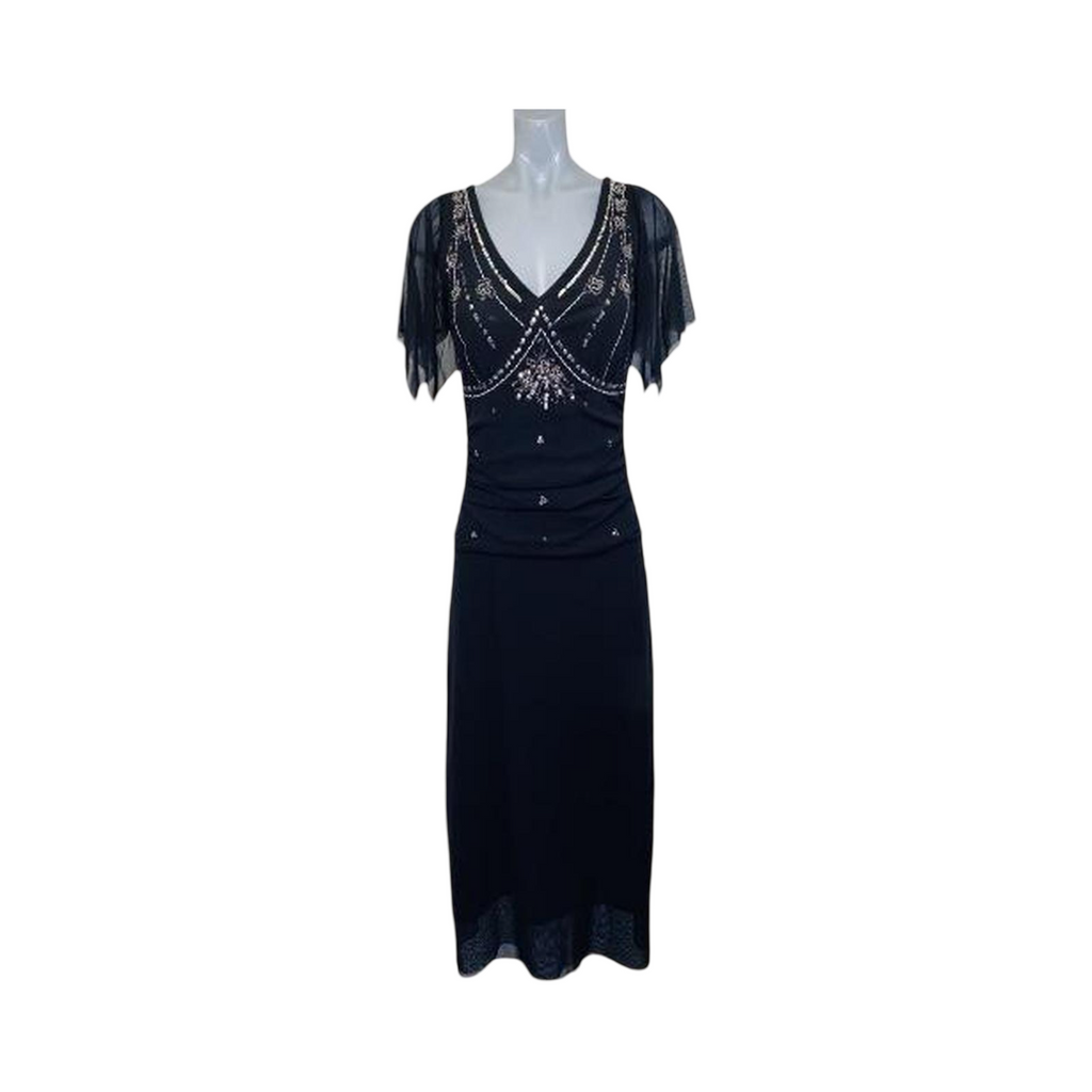 Black sheer chiffon sequin embellished Oasis evening dress uk14