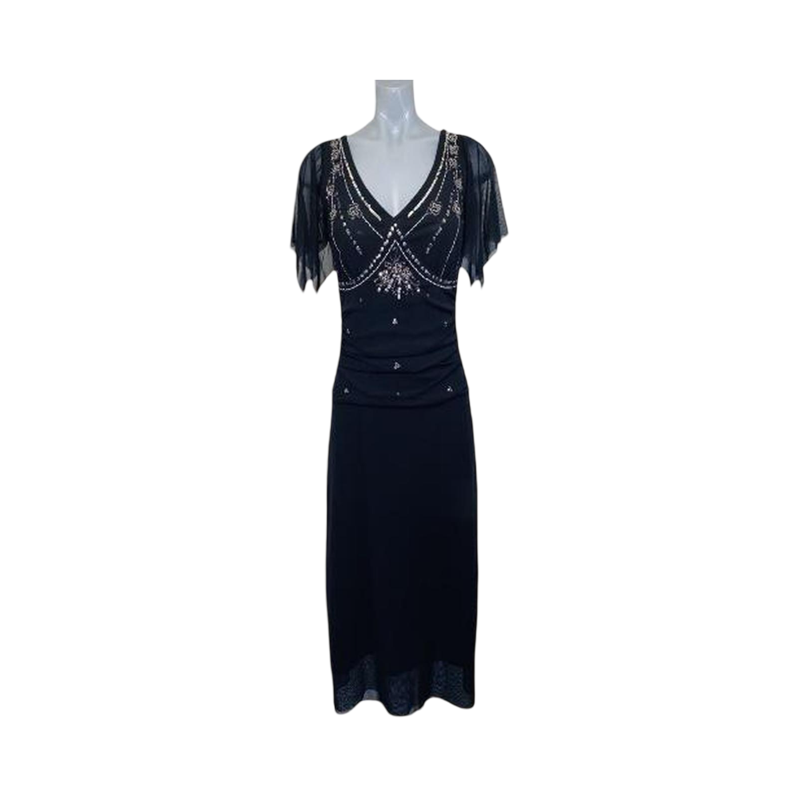 Black sheer chiffon sequin embellished Oasis evening dress uk14