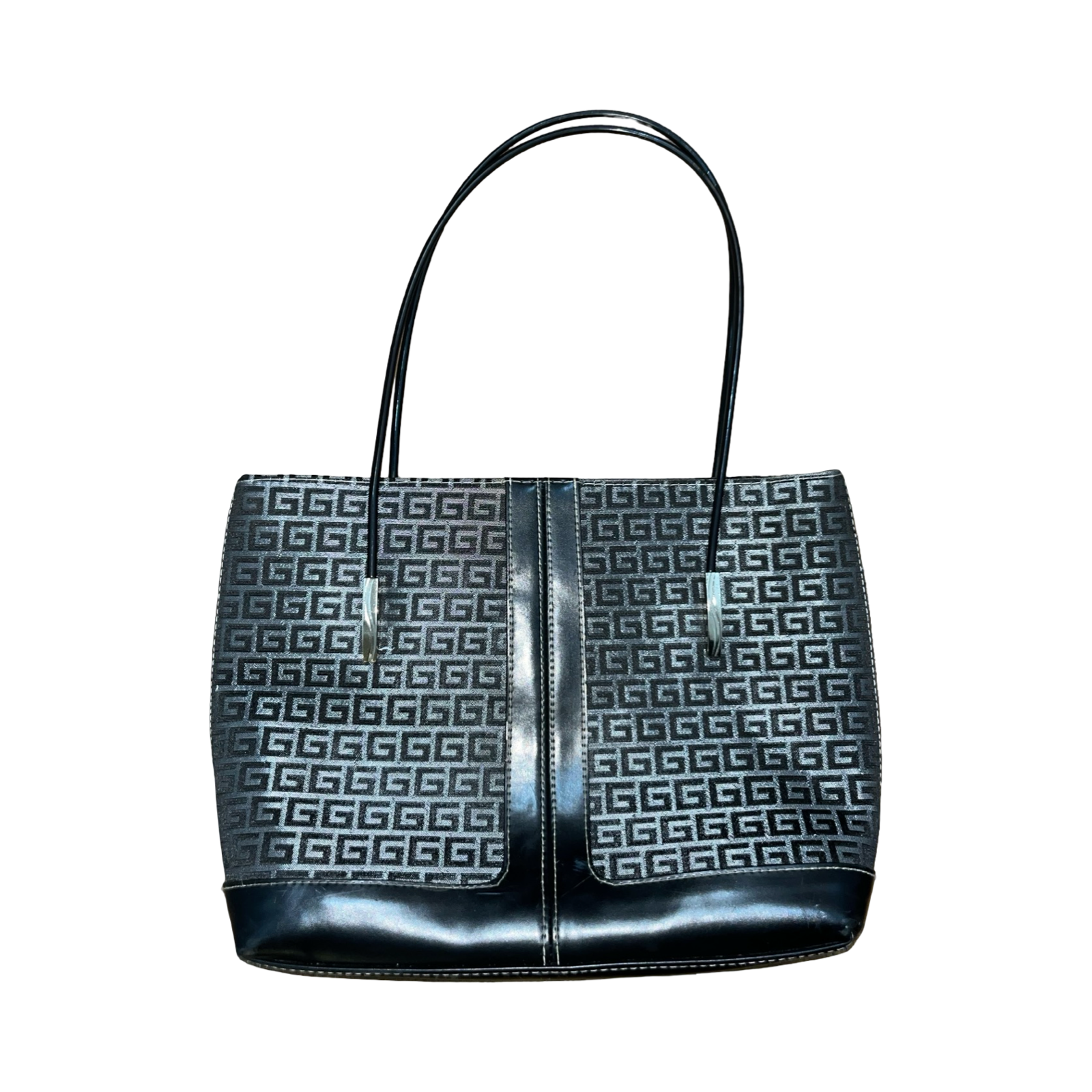 G silver and black print woman’s handbag
