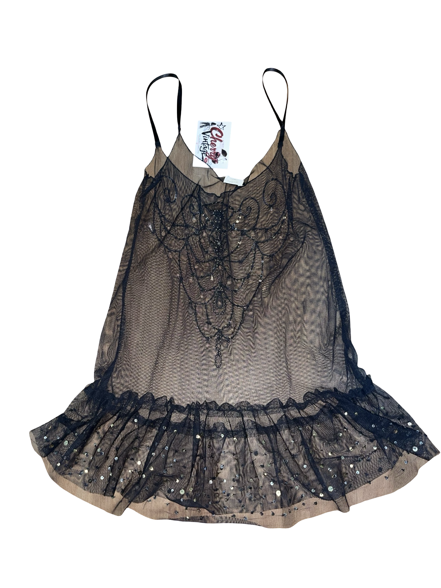 Vintage Y2K Goldie London Sheer Black Beaded Mesh Cami Top Embellished ukS