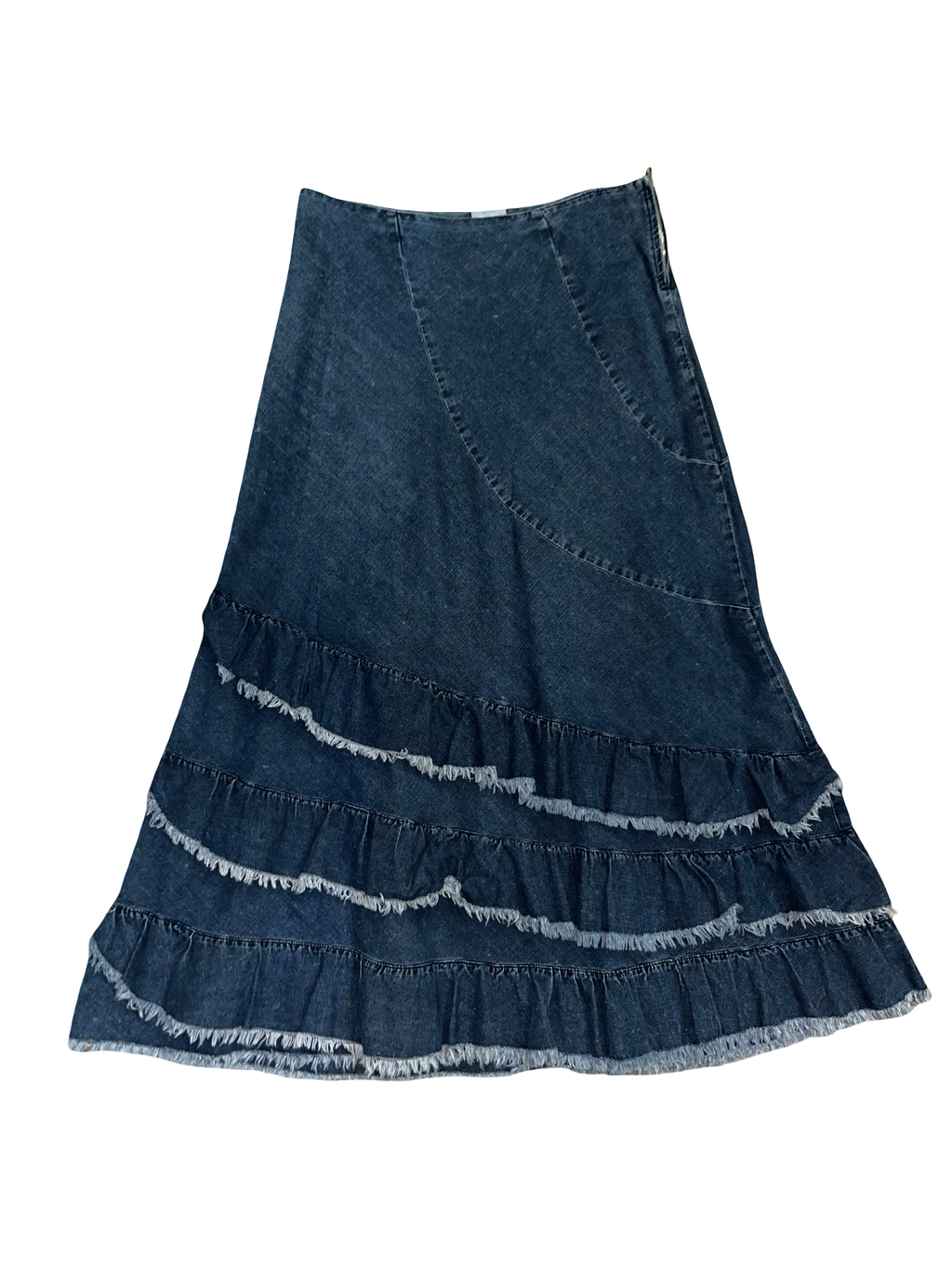 Y2K Per Una Dark Wash Denim Ruffle Midi Skirt | uk14L
