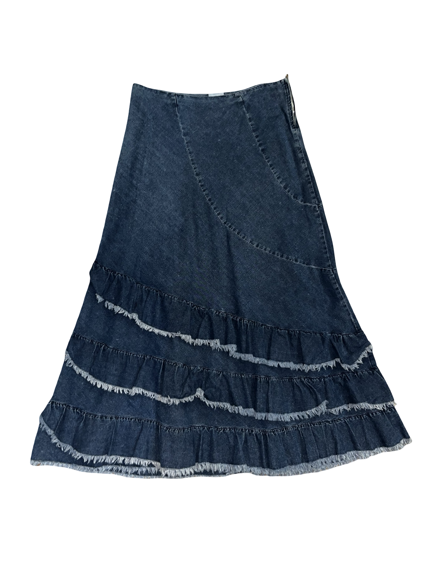 Y2K Per Una Dark Wash Denim Ruffle Midi Skirt | uk14L