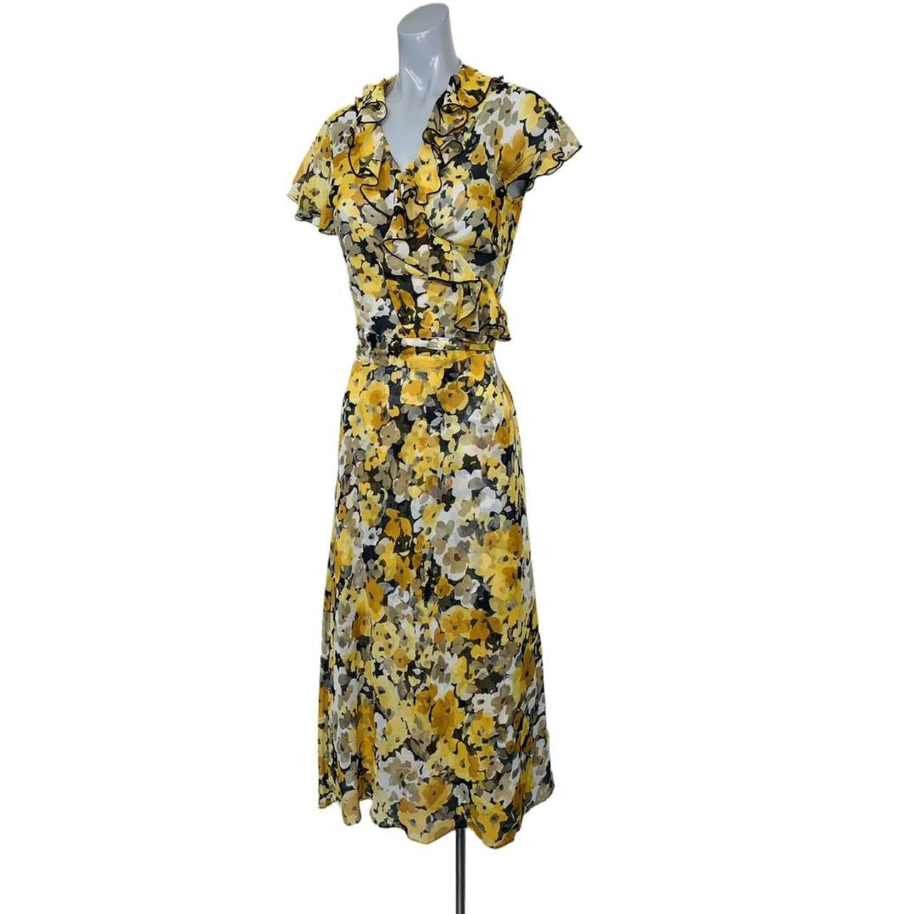 Yellow/ black floral print midi wrap dress by planet uk12