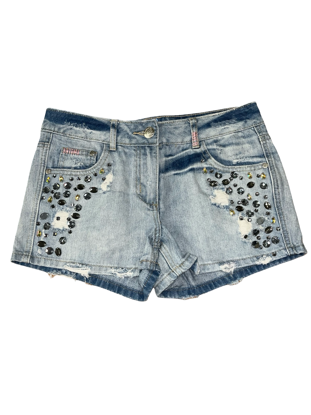 Y2K YES YES Rhinestone Distressed Low Rise Denim Shorts UK 8