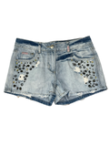 Y2K YES YES Rhinestone Distressed Low Rise Denim Shorts UK 8