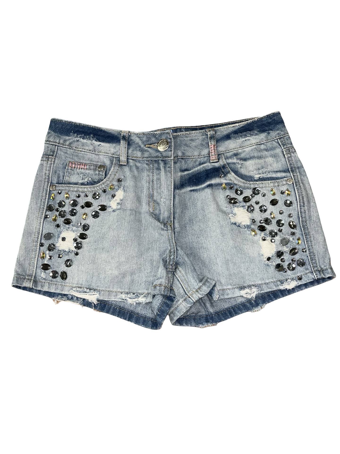 Y2K YES YES Rhinestone Distressed Low Rise Denim Shorts UK 8