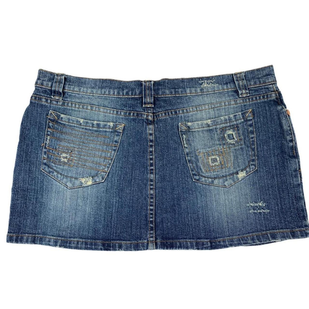 Blue y2k new look denim mini skirt with distressed patches uk14