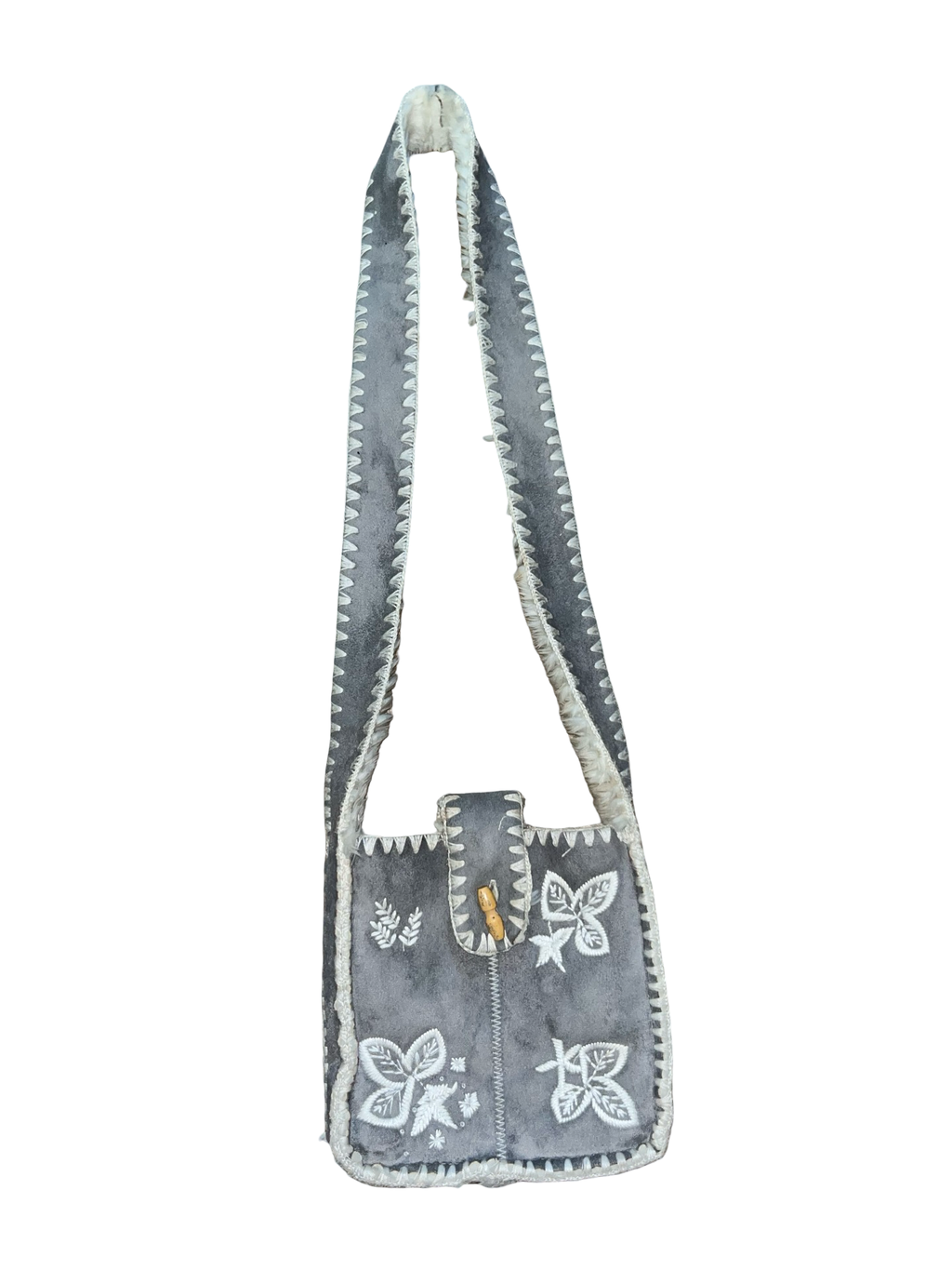 Y2K Monsoon Grey Embroidered Faux Fur Crossbody Bag
