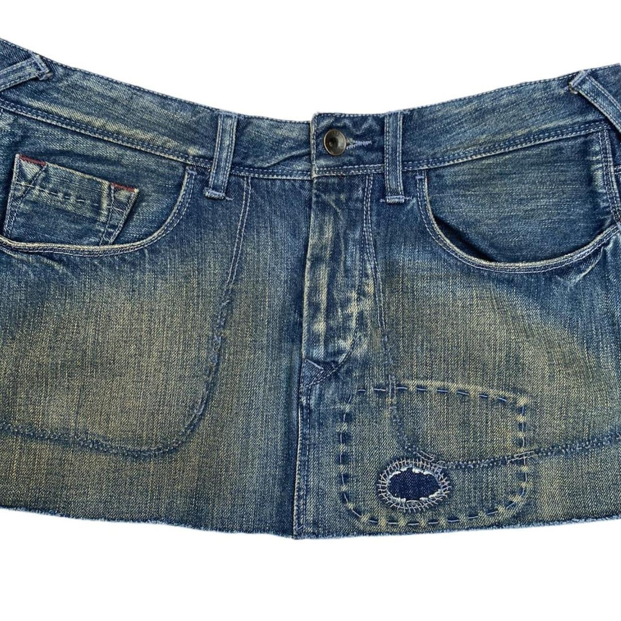 Blue denim mini skirt embroidered distressed ukS