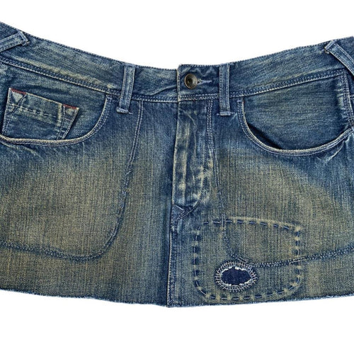 Blue denim mini skirt embroidered distressed ukS