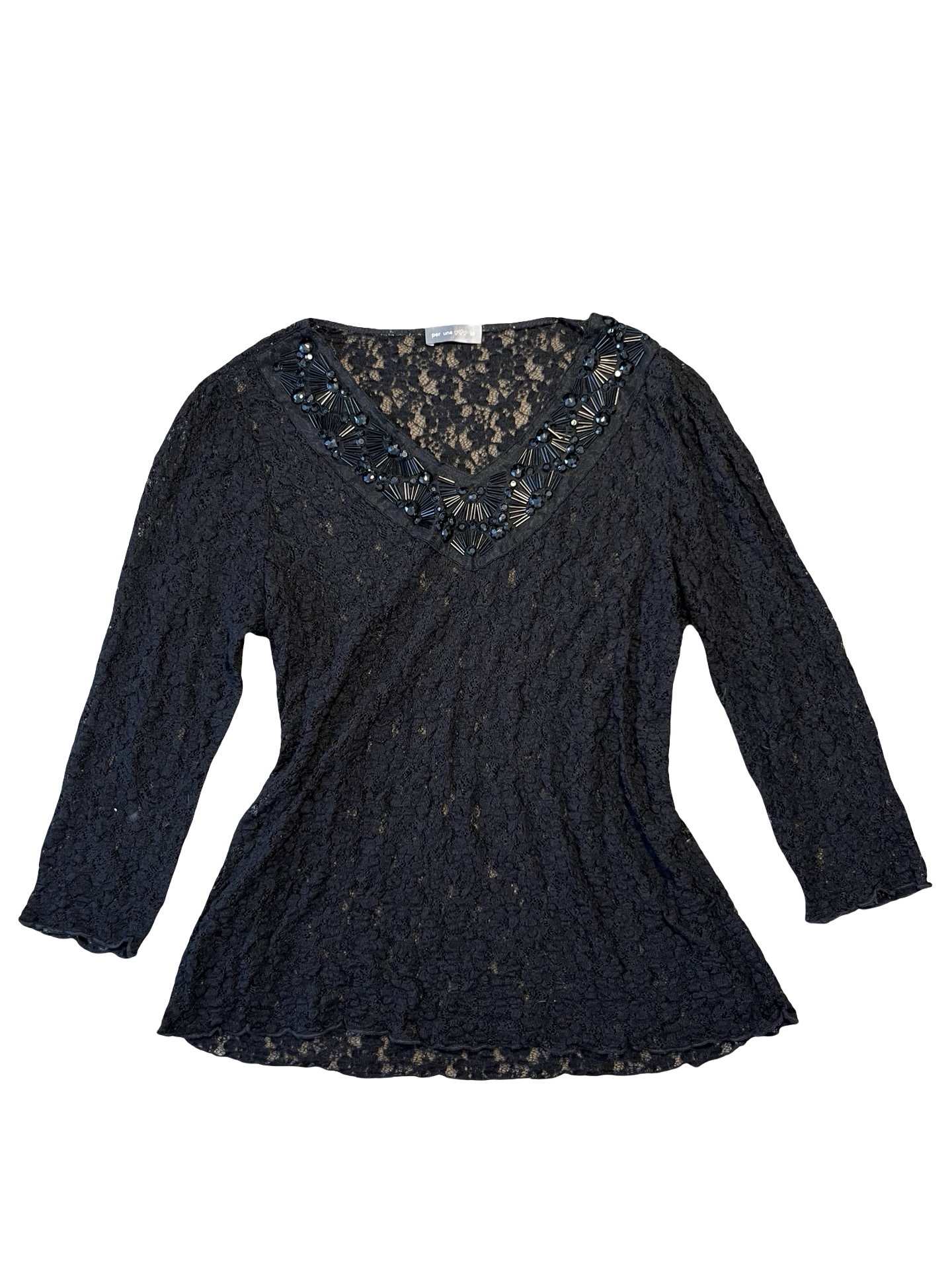 Per Una Black Lace Embellished Beaded Top Size 16