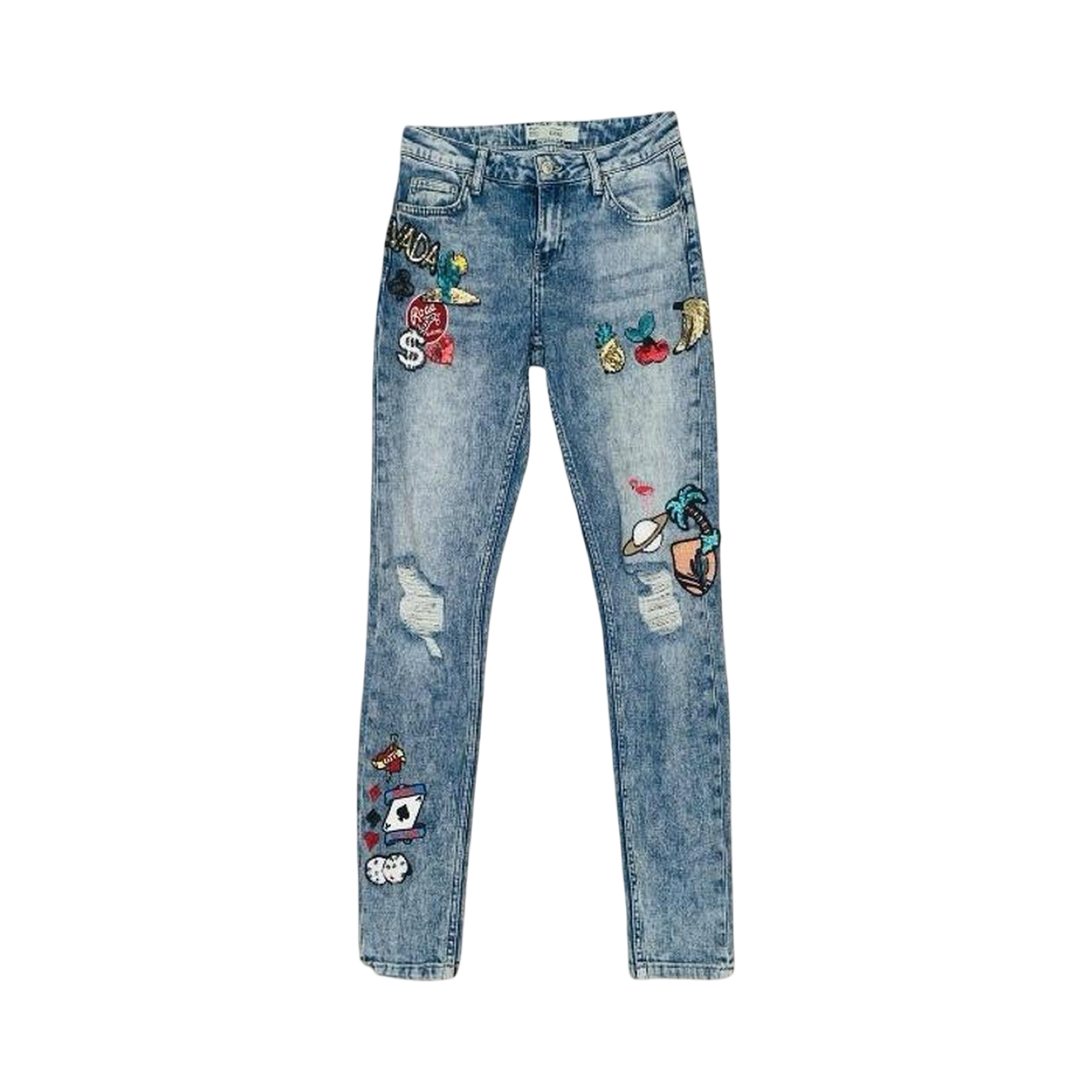 topshop Lucas blue denim jeans with sequin patches ukS