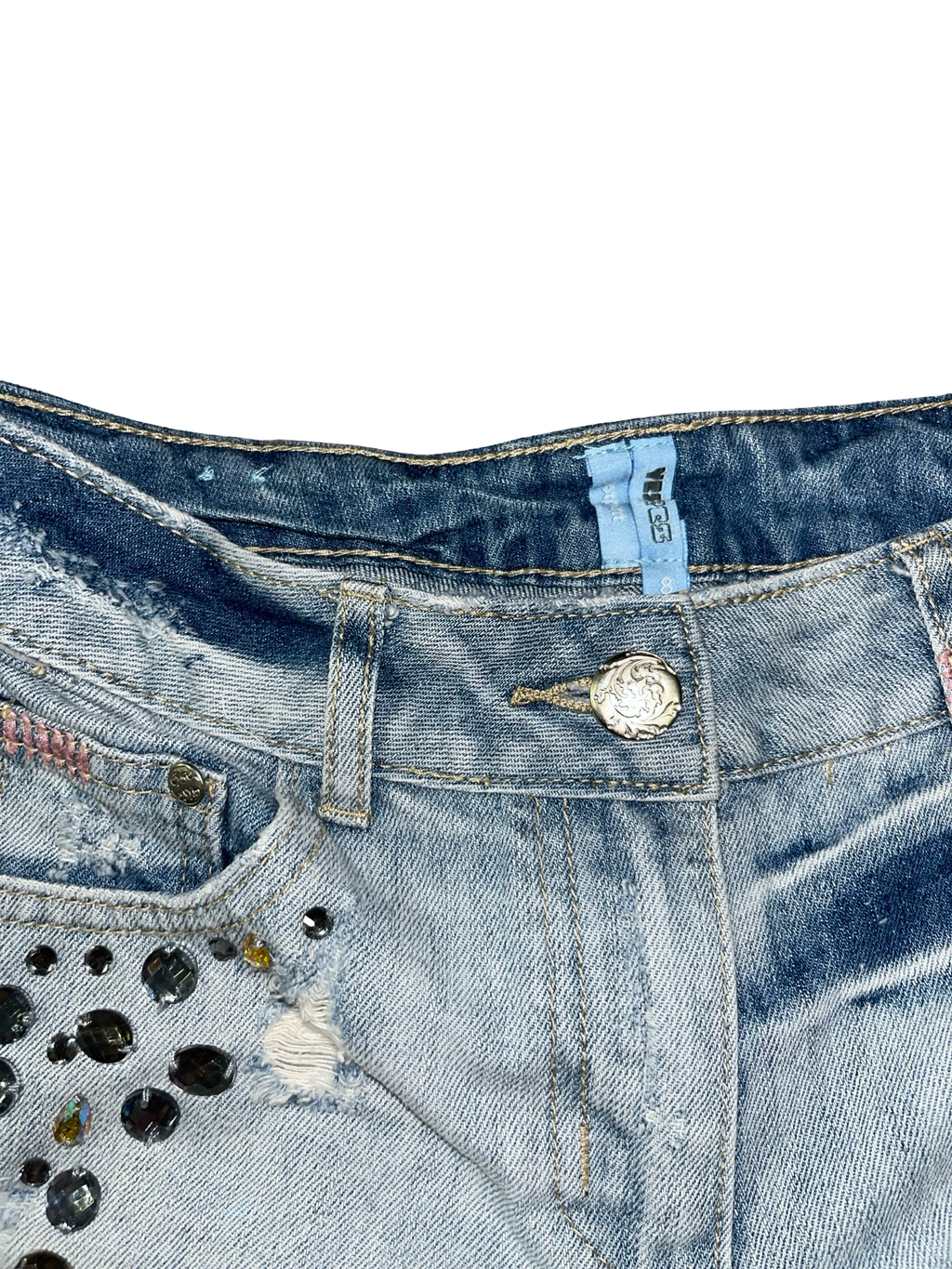 Y2K YES YES Rhinestone Distressed Low Rise Denim Shorts UK 8