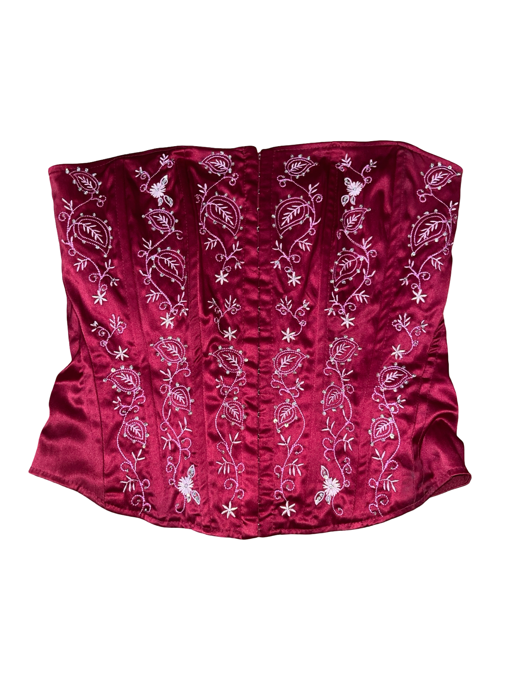 Y2K Rize Burgundy Satin Embroidered Lace-Up Corset Top UK 10