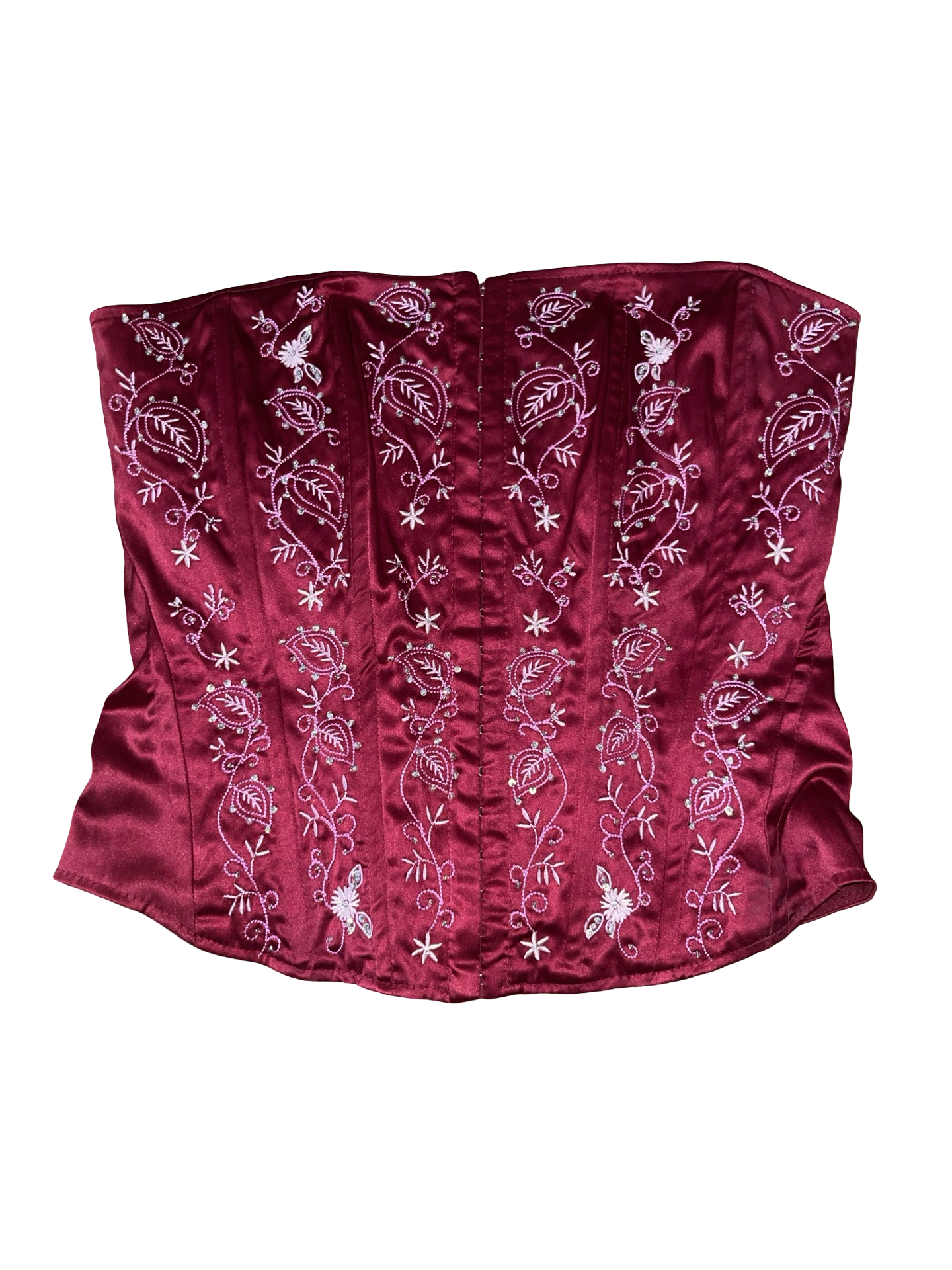 Y2K Rize Burgundy Satin Embroidered Lace-Up Corset Top UK 10