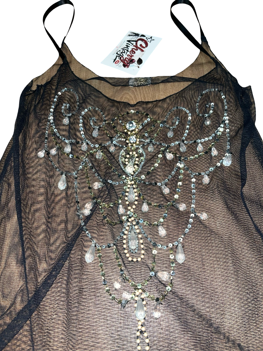 Vintage Y2K Goldie London Sheer Black Beaded Mesh Cami Top Embellished ukS