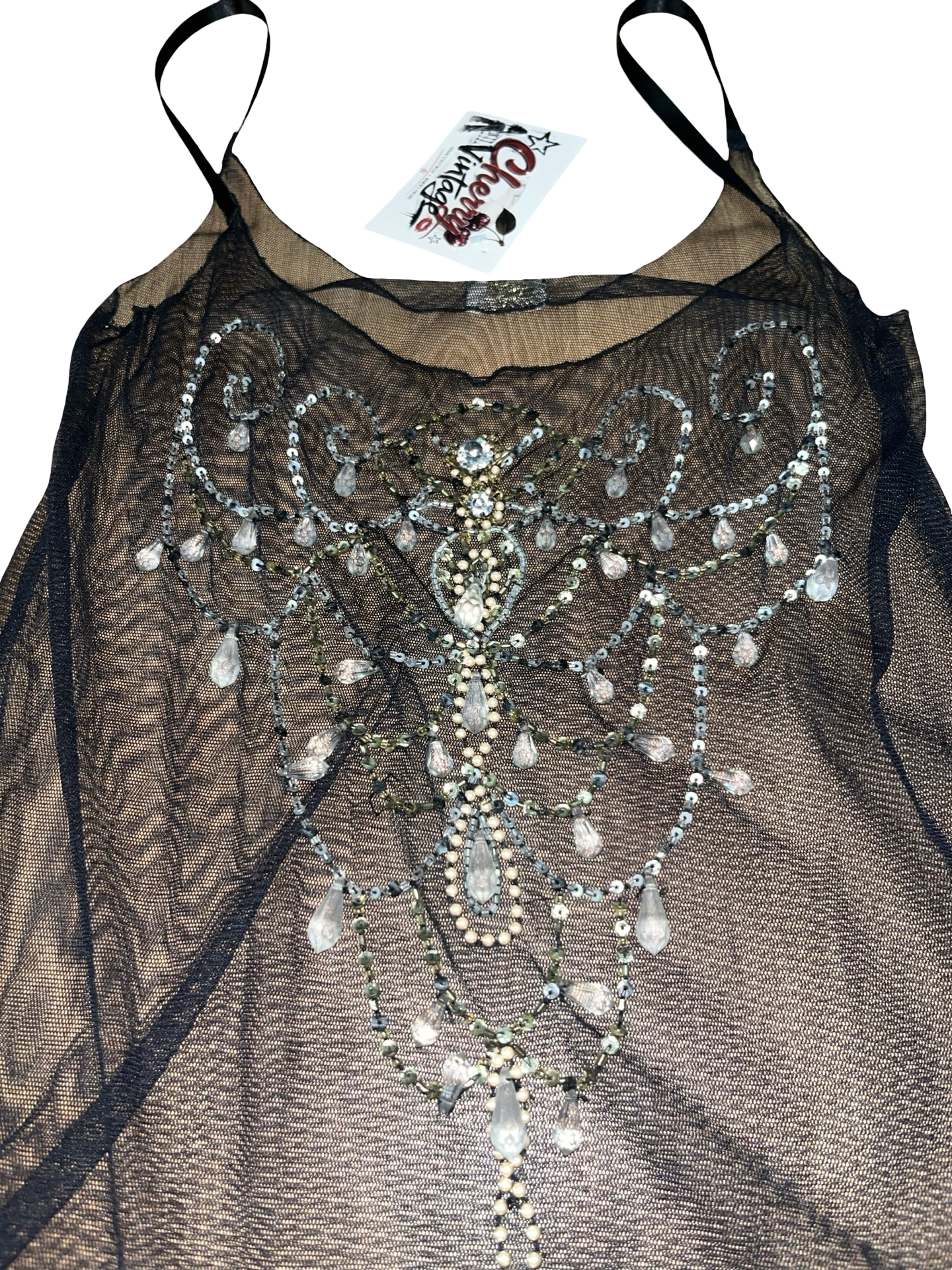 Vintage Y2K Goldie London Sheer Black Beaded Mesh Cami Top Embellished ukS