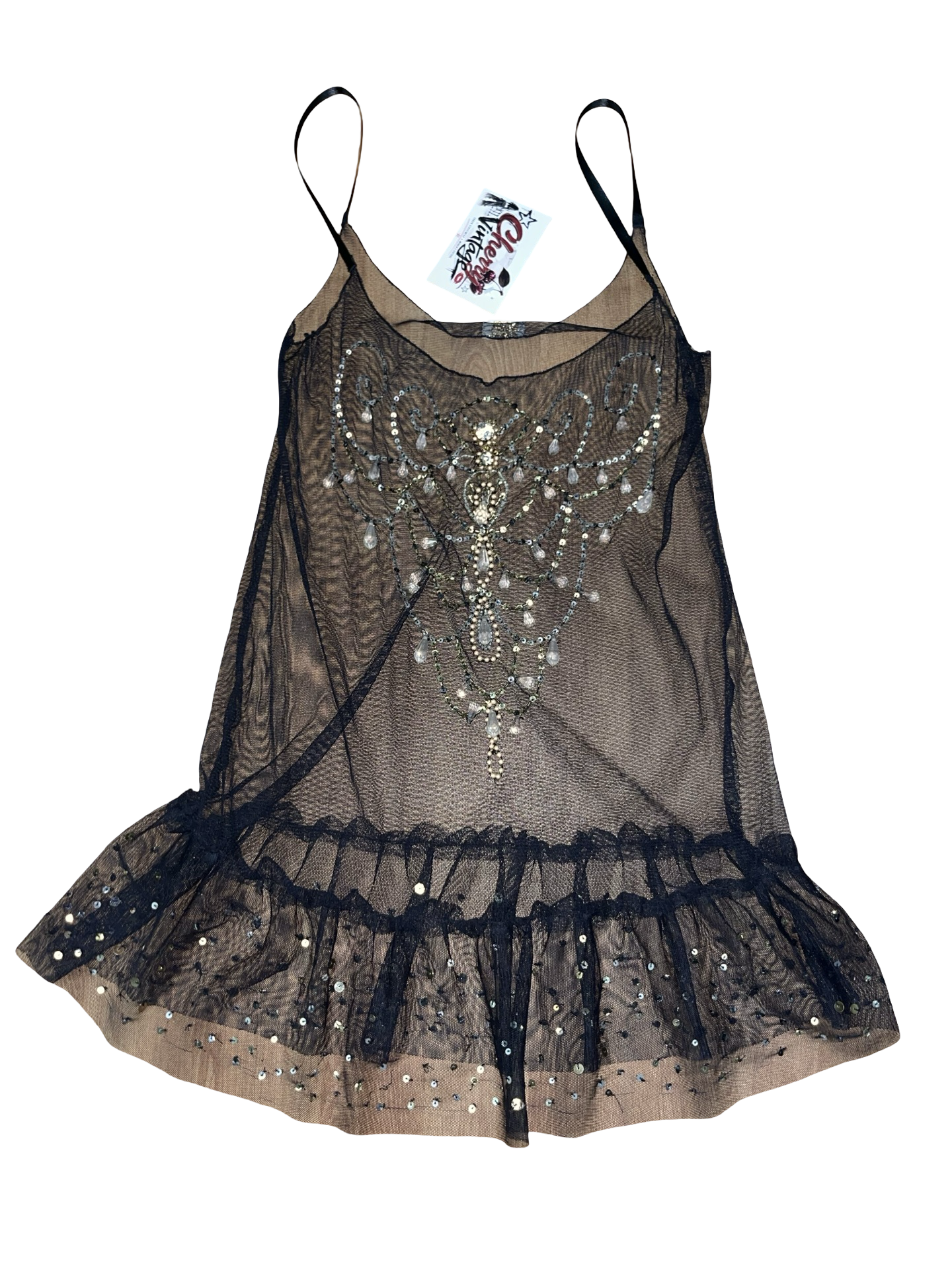 Vintage Y2K Goldie London Sheer Black Beaded Mesh Cami Top Embellished ukS