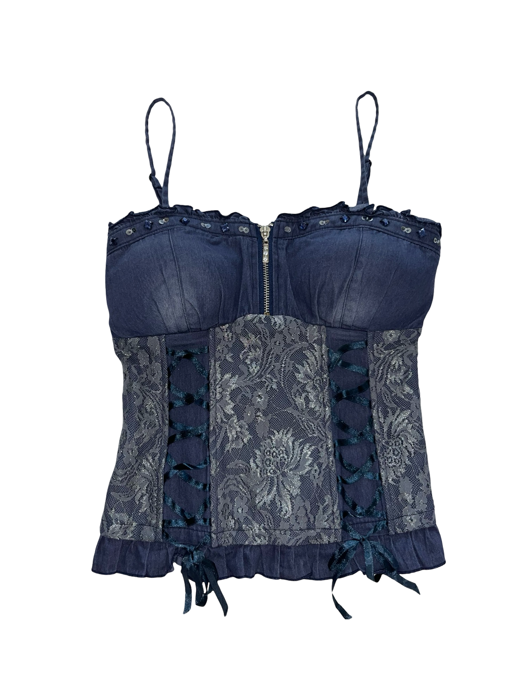 L.O.LINE Denim Lace Corset Bustier Top Rhinestone ukS