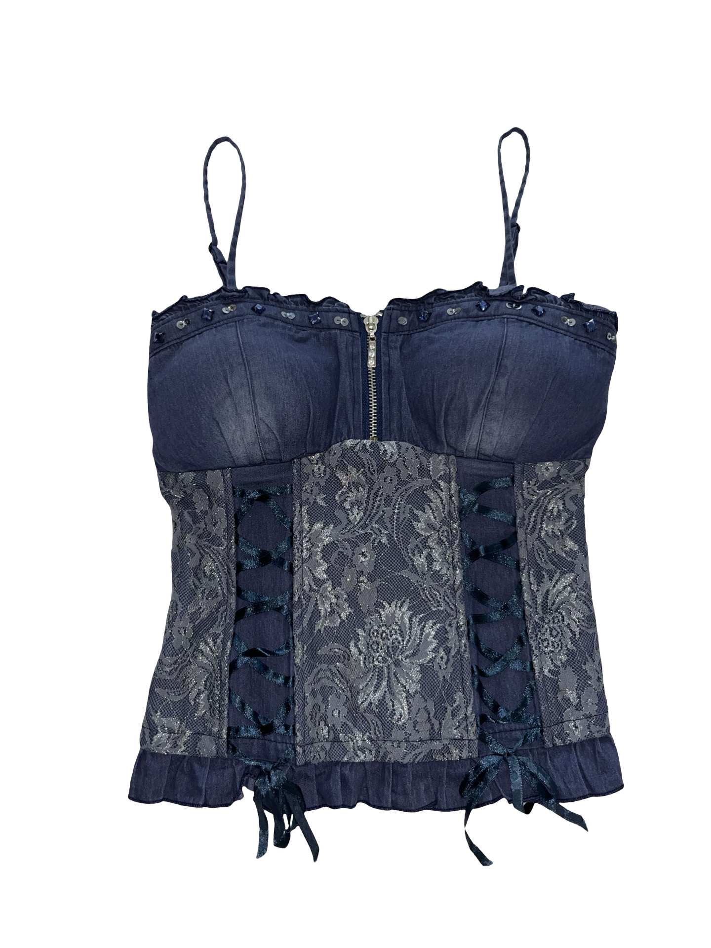 L.O.LINE Denim Lace Corset Bustier Top Rhinestone ukS