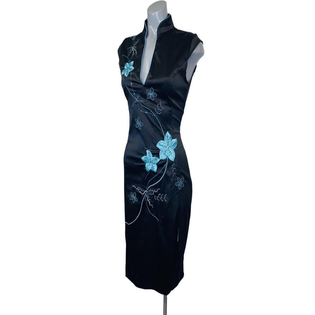 Jane Norman y2k black silk midi dress floral embroidery uk14