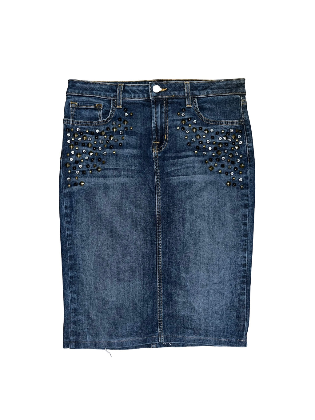 Y2K Seven Two Denim Studded Pencil Skirt Blue Wash uk8