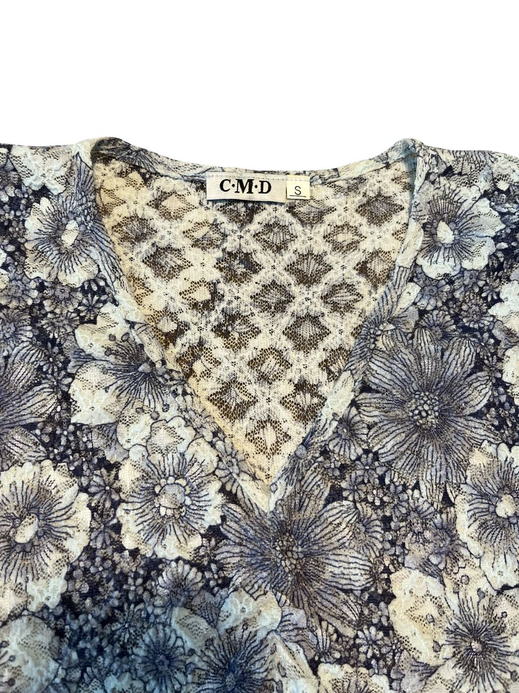 Y2K Blue Floral Mesh V-Neck Bell Sleeve Top Size S | C•M•D