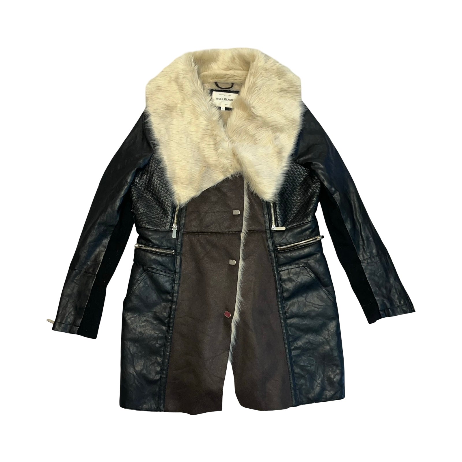 River island 2000’s Y2K leather and fur coat uk14