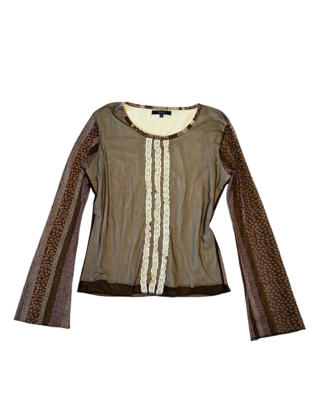 VILA Y2K Brown Mesh Lace Long Sleeve Top Size M/L | Fairy Grunge Boho