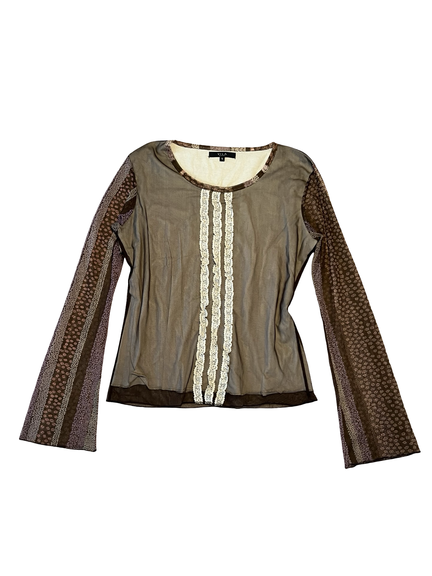 VILA Y2K Brown Mesh Lace Long Sleeve Top Size M/L | Fairy Grunge Boho