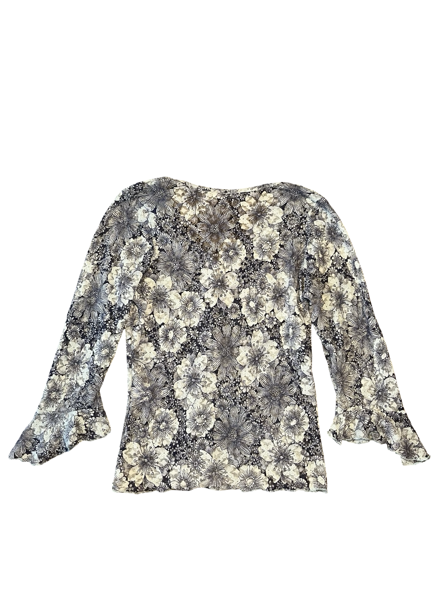 Y2K Blue Floral Mesh V-Neck Bell Sleeve Top Size S | C•M•D