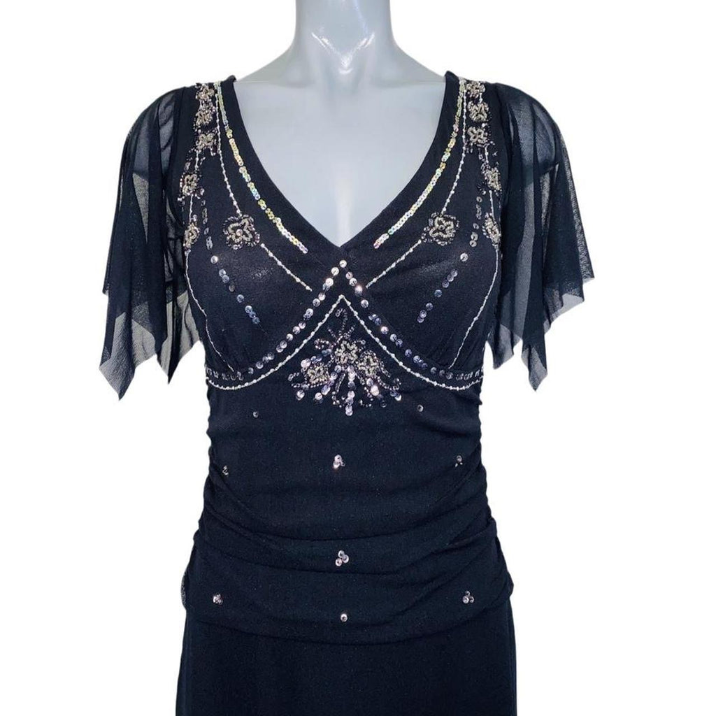 Black sheer chiffon sequin embellished Oasis evening dress uk14