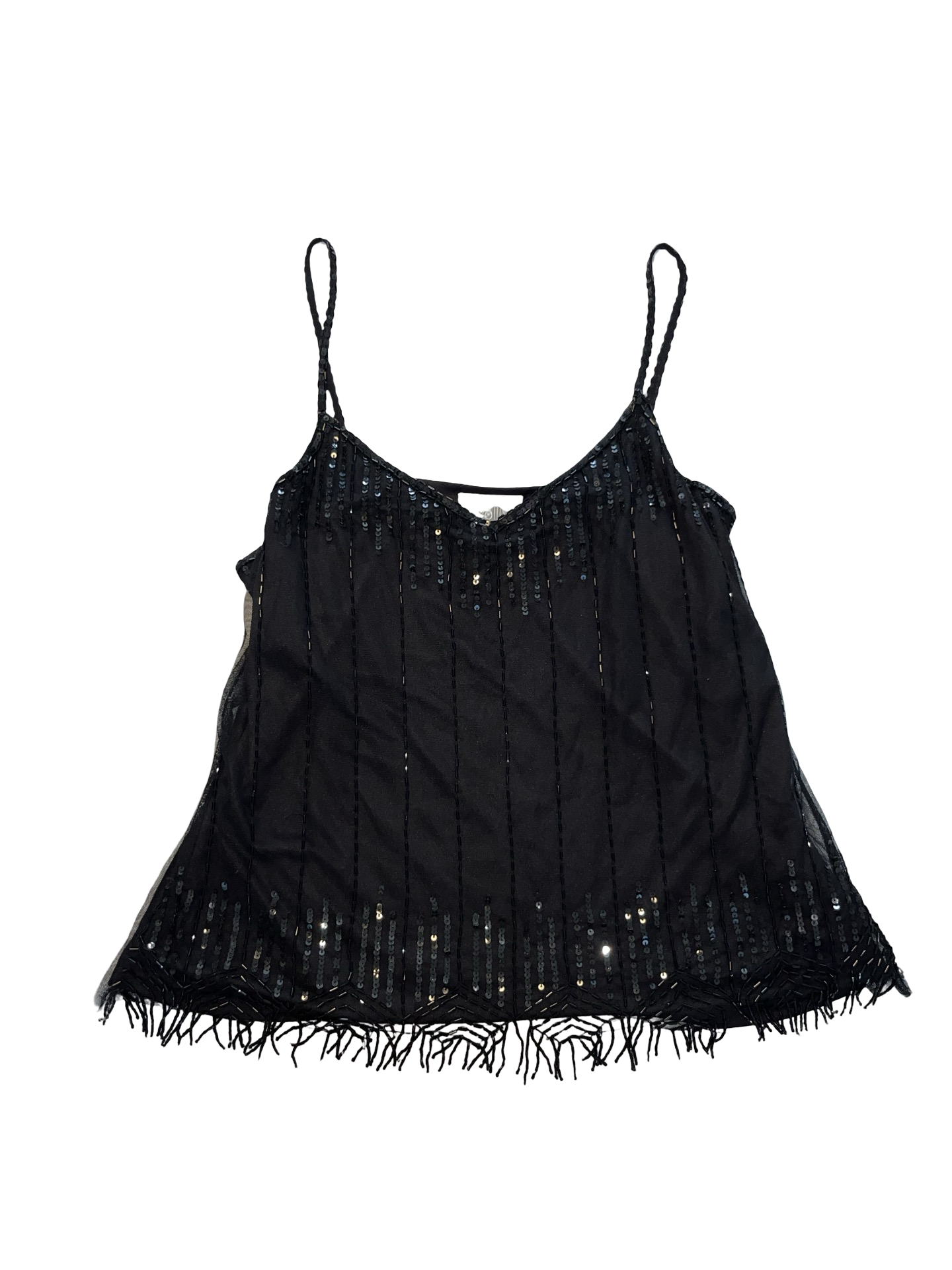 Y2K Wallis Black Sequin Beaded Fringe Cami Top UK 18