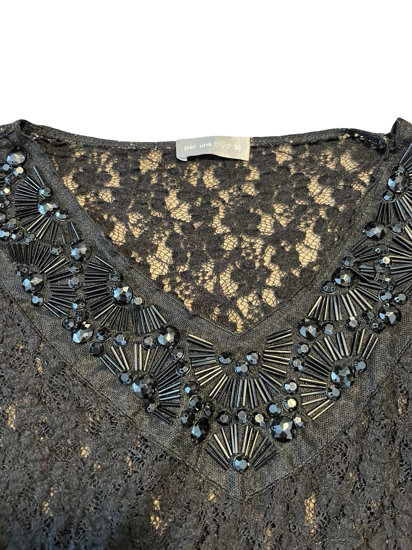 Per Una Black Lace Embellished Beaded Top Size 16