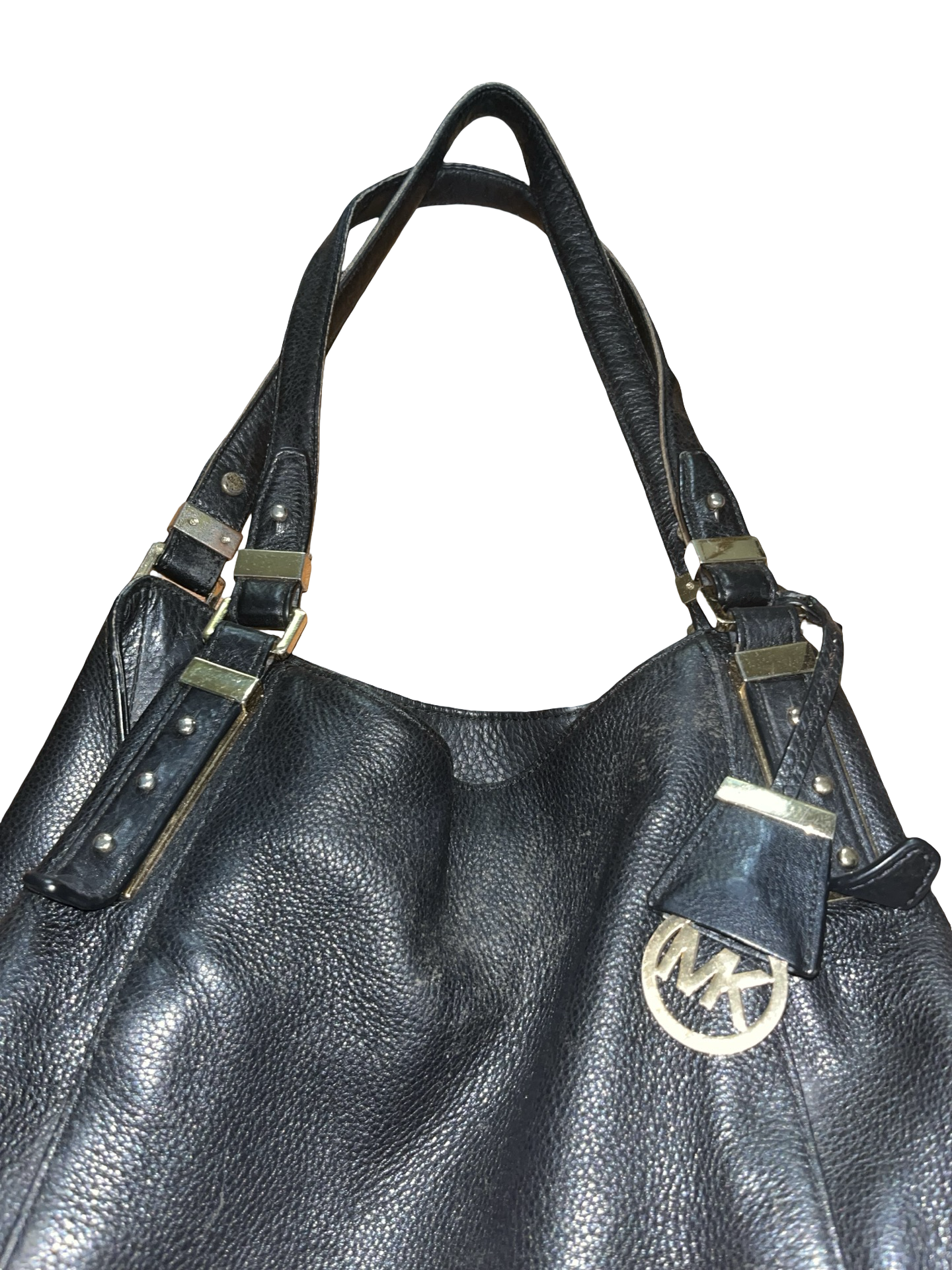 Michael Kors Black Leather Shoulder Bag | Gold MK Charm
