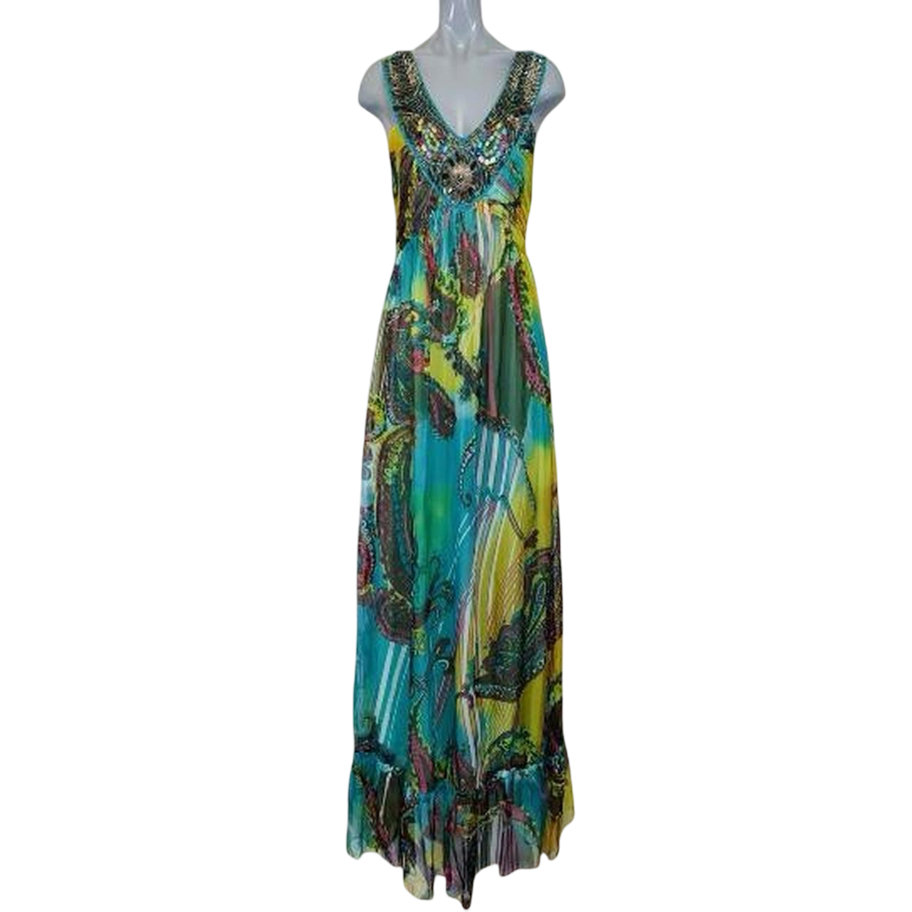 Blue and green beautiful y2k maxi dress with ruffles embellished with beads ukL