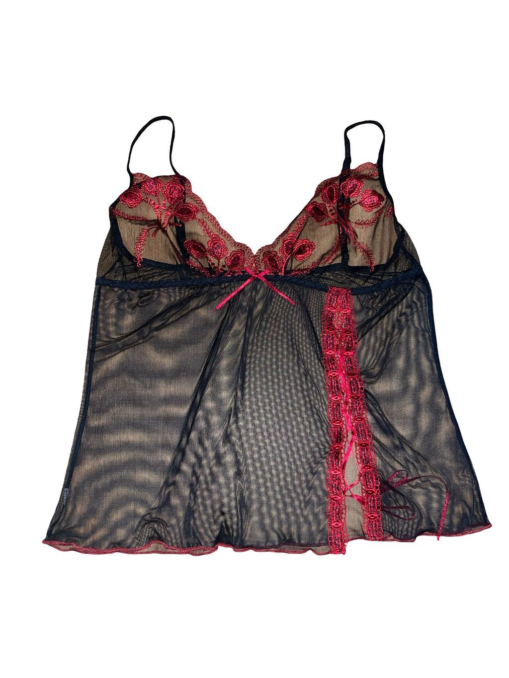 Y2K Black Sheer Mesh Embroidered Cami Top uk12