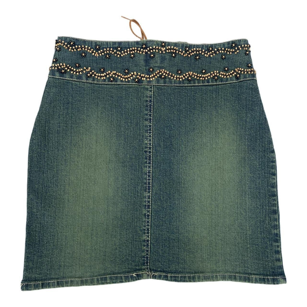Embellished beaded distressed denim mini skirt boho ukS