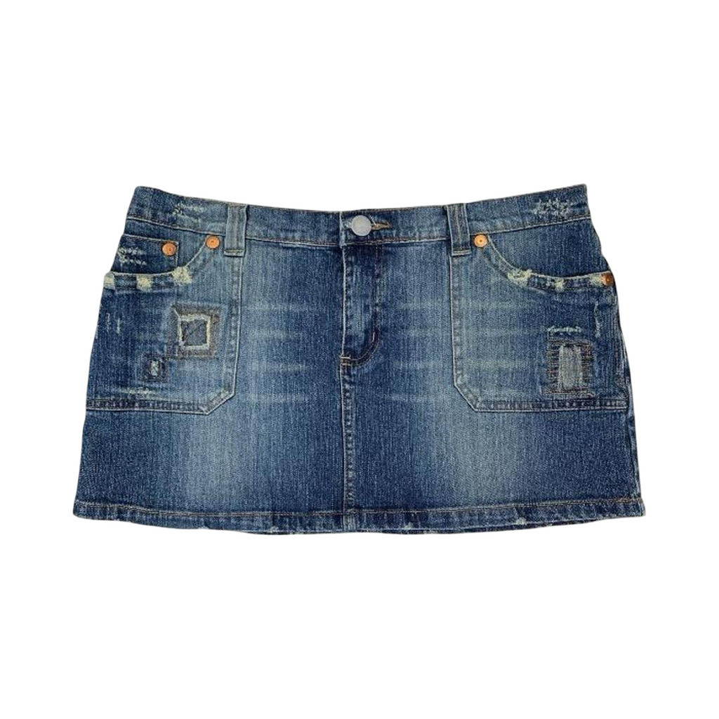 Blue y2k new look denim mini skirt with distressed patches uk14