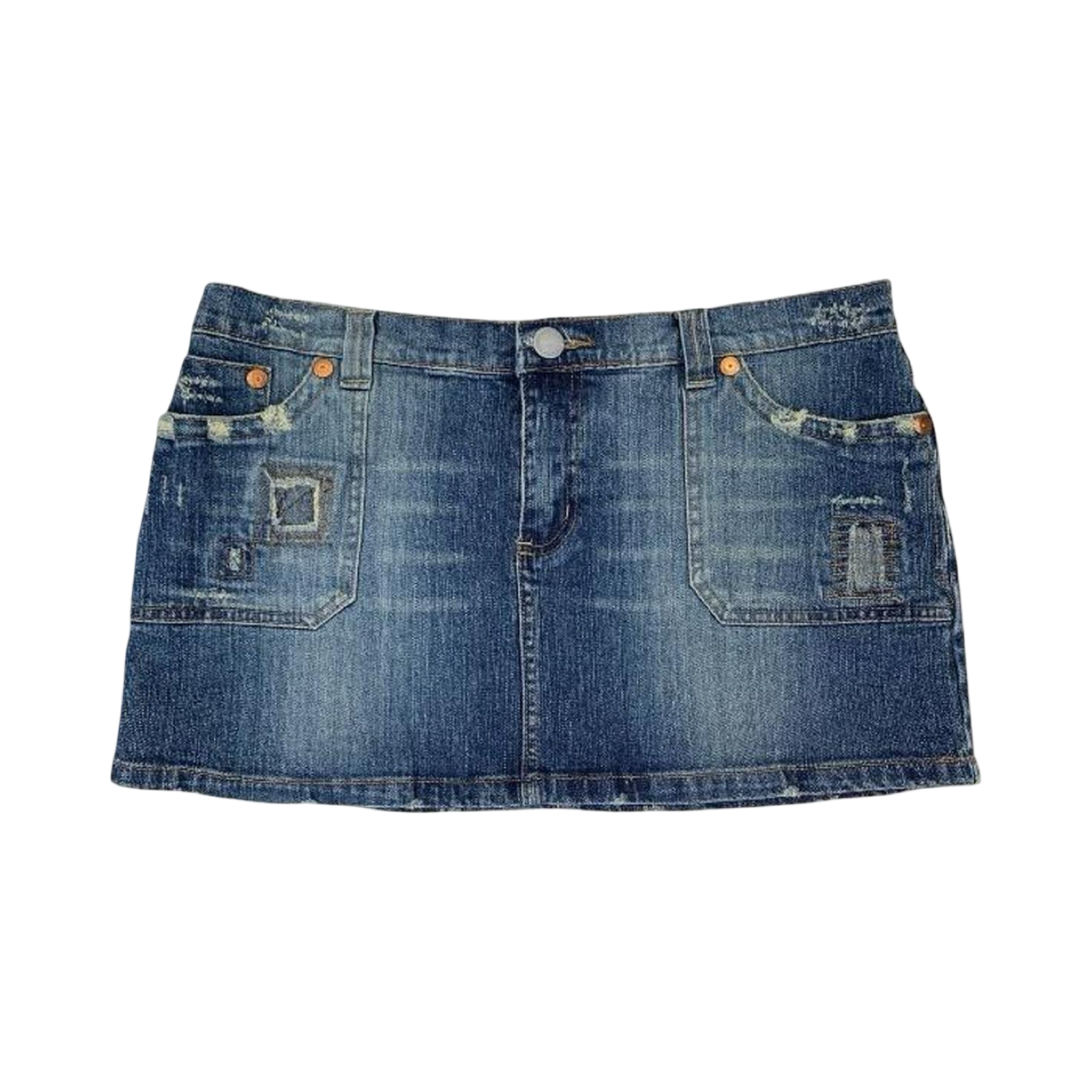 Blue y2k new look denim mini skirt with distressed patches uk14